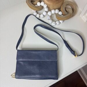 Tusk Navy Blue Leather Crossbody Bag Wallet Organizer Purse Gold Hardware